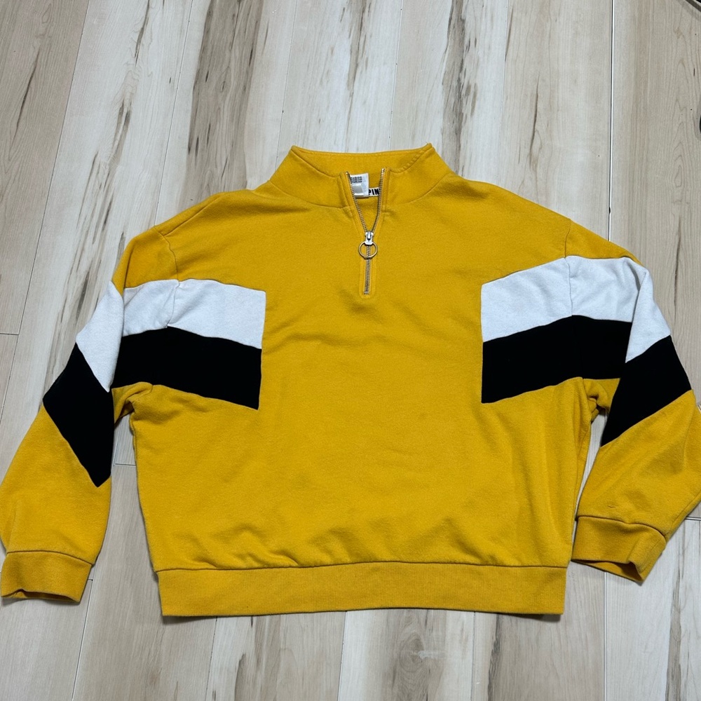 Victorias Secret Pink GRAPHIC Slouchy Boyfriend Half Zip Sweatshirt GOLD A262